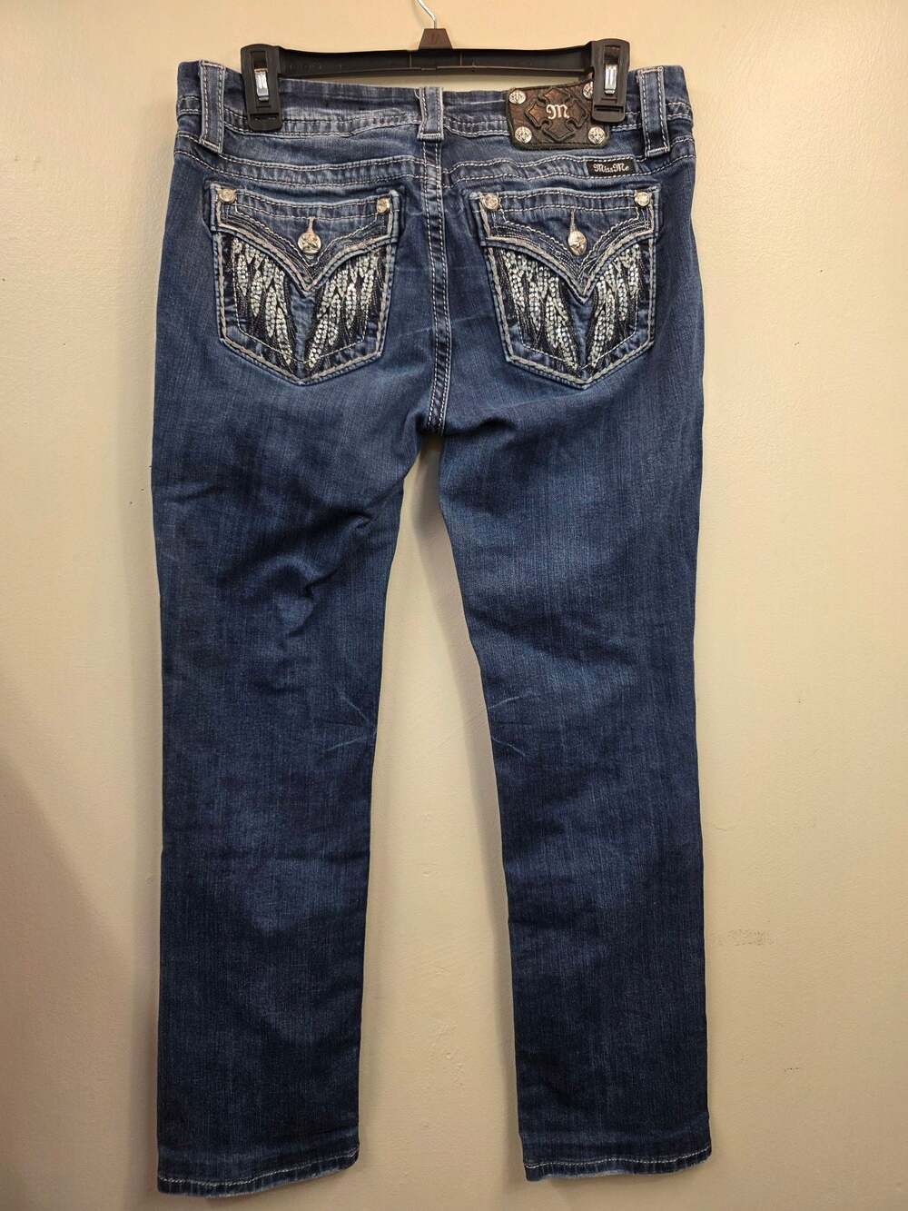 Miss Me Signature Dark Wash Embellished Wing Pocket Jeans Size 29